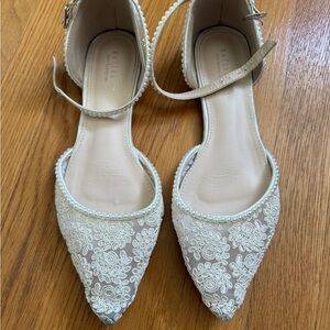 Kailee P Ivory Crochet Lace Pointed Flats w Pearl Ankle Strap